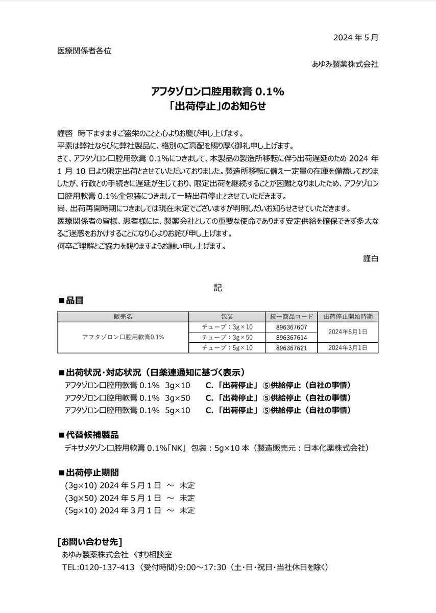 アフタゾロン販売中止は本当か？供給不安の真相と代替薬の選び方