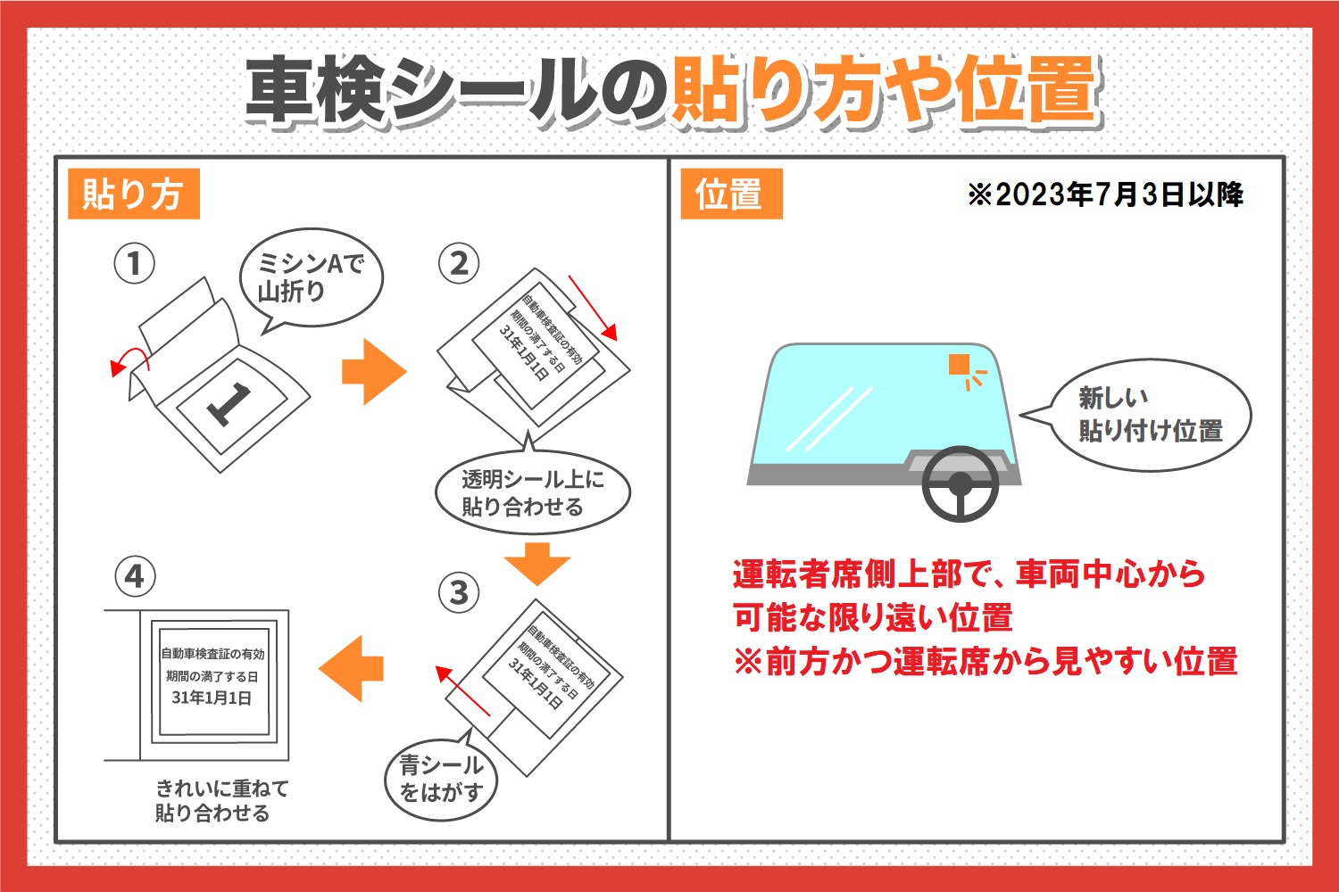 車検シールの貼り方は運転席側が義務！罰則リスクと失敗時の対処法